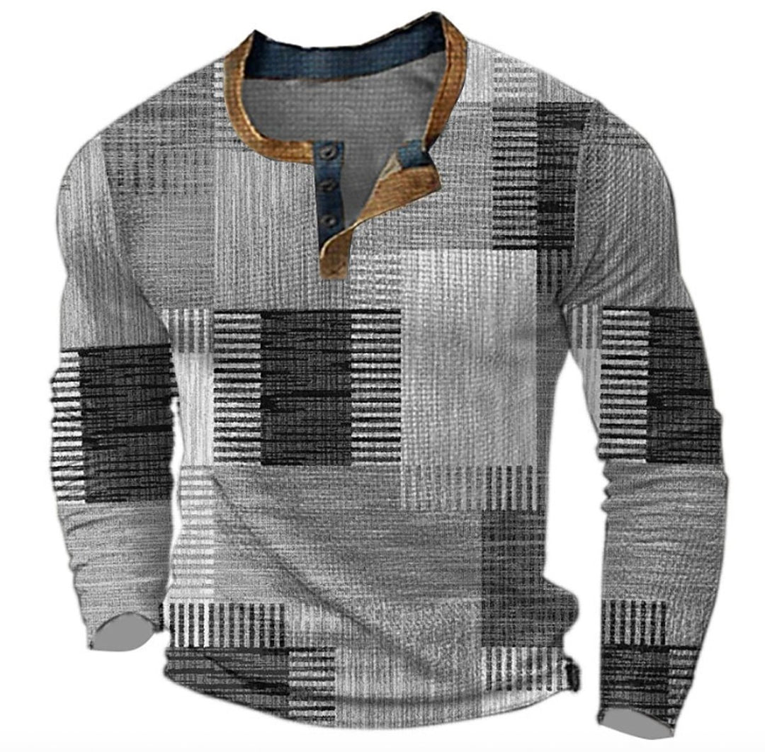 Heren Retro Geblokt Patroon Mens Knit Sweater Henley Pullover - Grijs