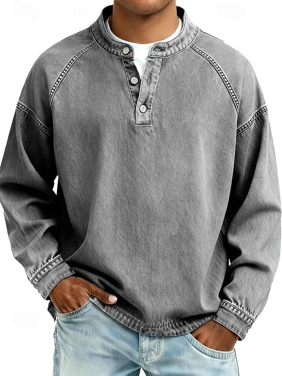 Heren Retro Henley Langarm Mens Knit Sweater Used-Look Pullover - Grijs