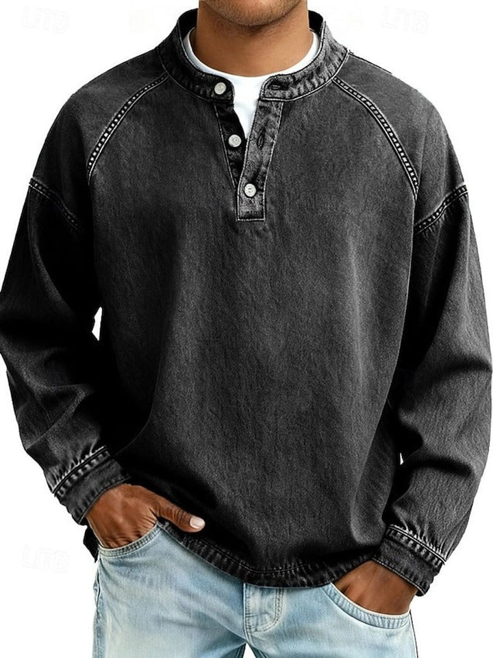 Heren Retro Henley Langarm Mens Knit Sweater Used-Look Pullover - Zwart