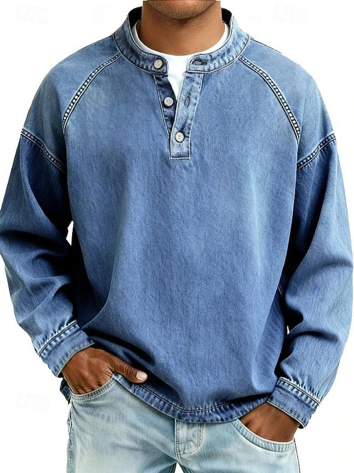 Heren Retro Henley Langarm Mens Knit Sweater Used-Look Pullover - Lichtblauw