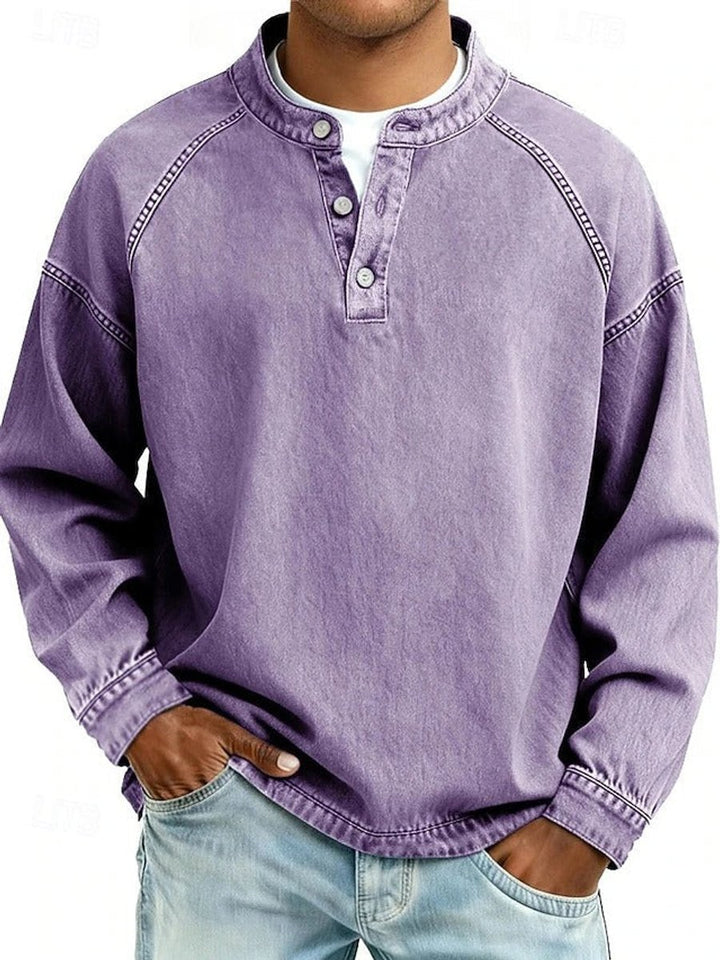 Heren Retro Henley Langarm Mens Knit Sweater Used-Look Pullover - Paars