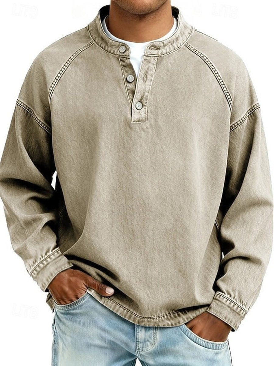 Heren Retro Henley Langarm Mens Knit Sweater Used-Look Pullover - Khaki