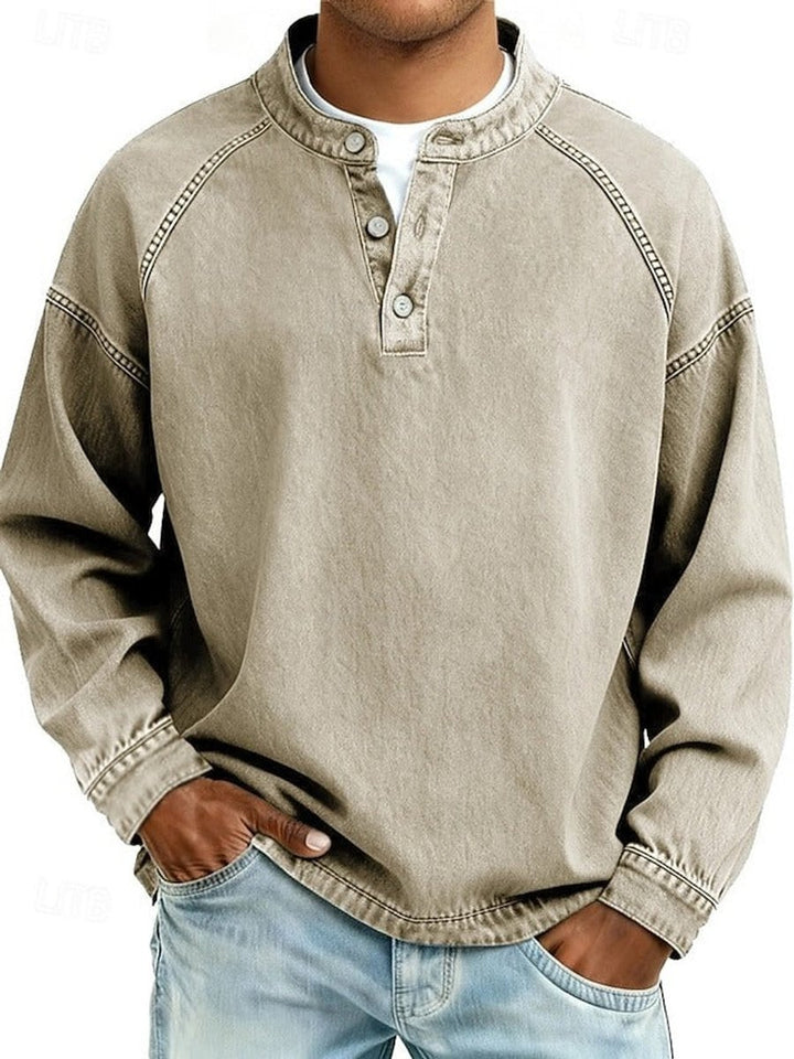 Heren Retro Henley Langarm Mens Knit Sweater Used-Look Pullover - Khaki