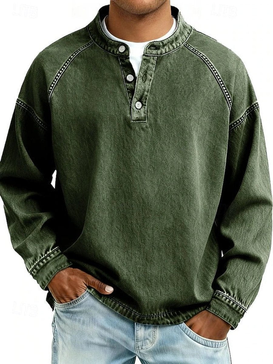 Heren Retro Henley Langarm Mens Knit Sweater Used-Look Pullover - Donkergroen