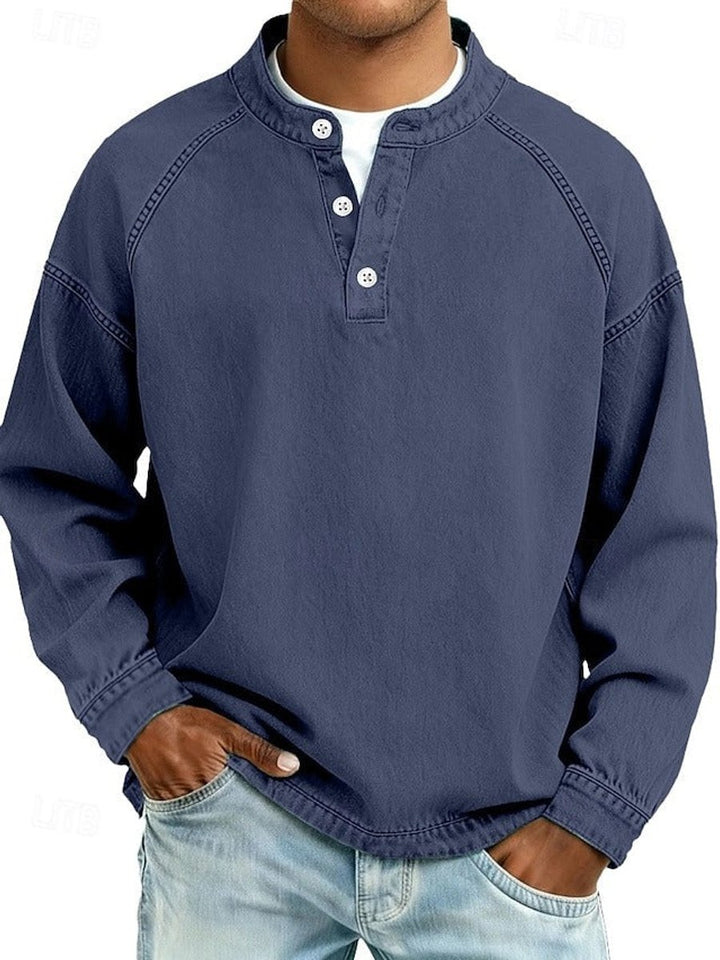 Heren Retro Henley Langarm Mens Knit Sweater Used-Look Pullover - Donkerblauw