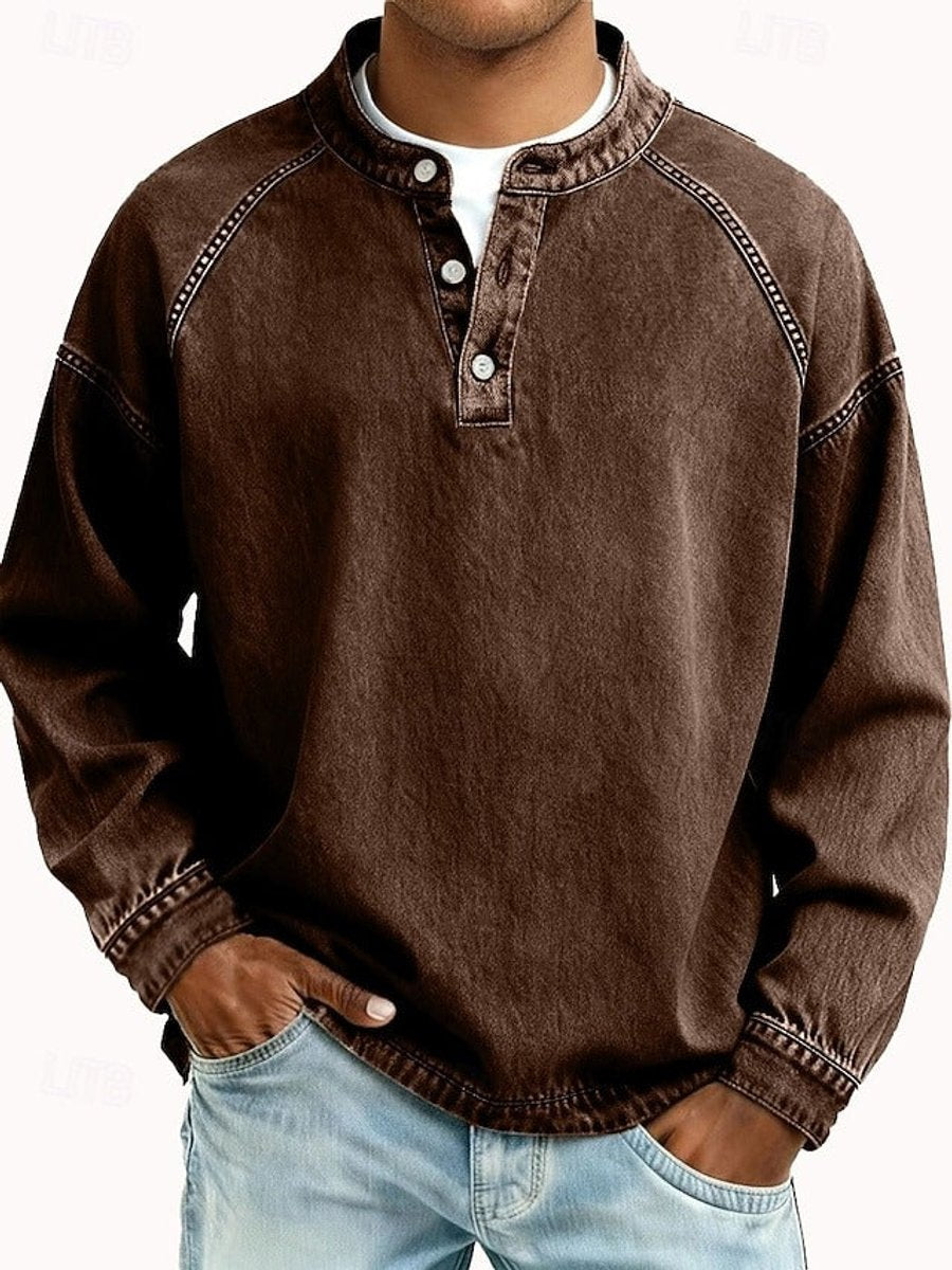 Heren Retro Henley Langarm Mens Knit Sweater Used-Look Pullover - Bruin