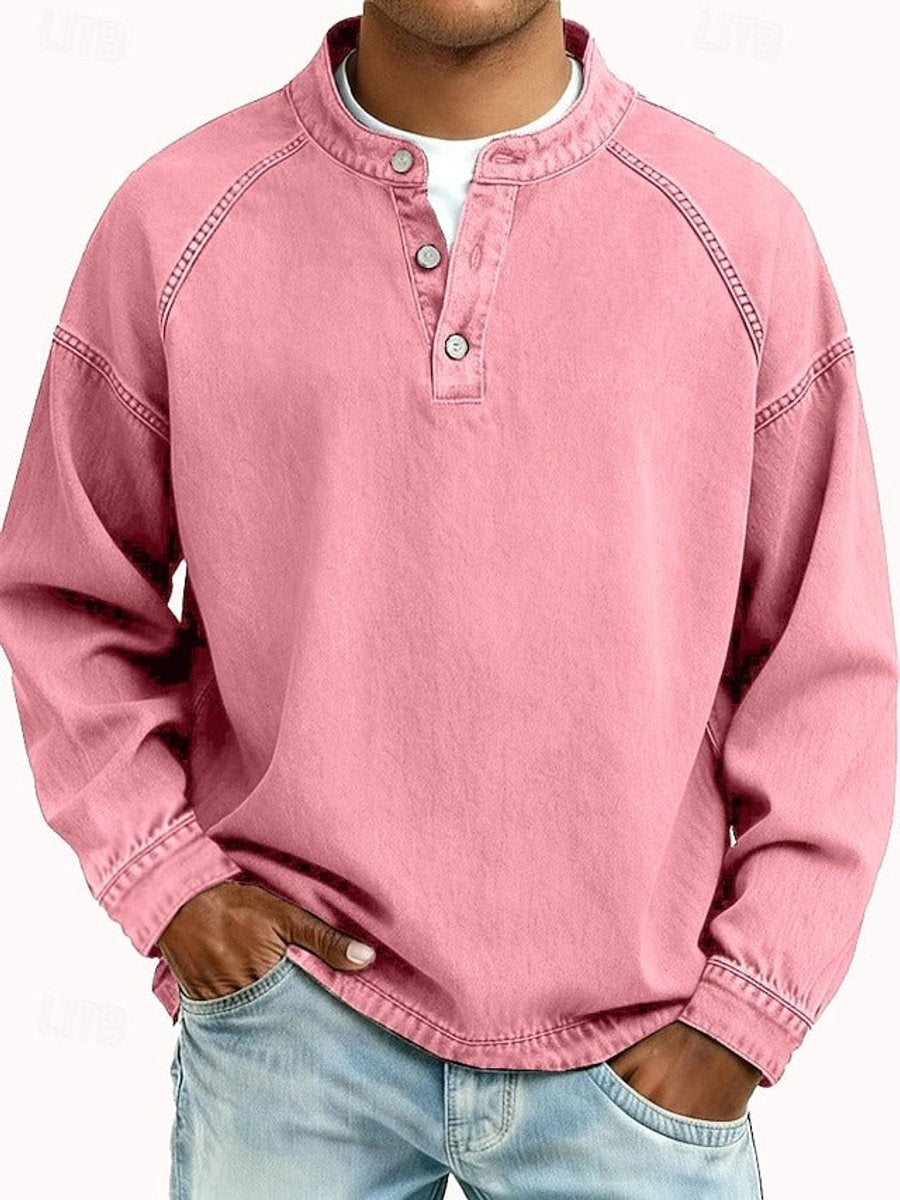 Heren Retro Henley Langarm Mens Knit Sweater Used-Look Pullover - Roze