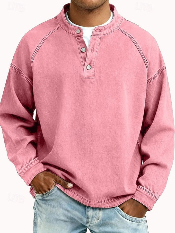 Heren Retro Henley Langarm Mens Knit Sweater Used-Look Pullover - Roze