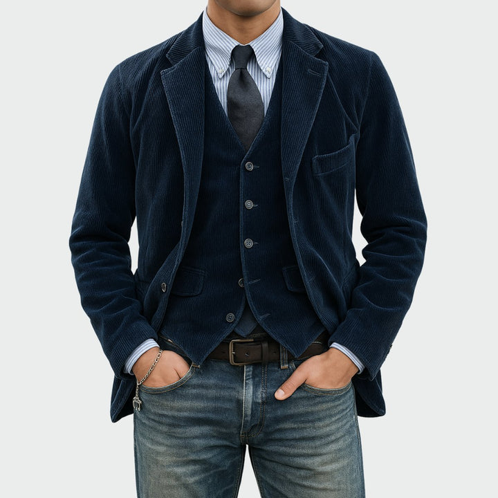 Heren Ribfluwelen Driedelig Colbert Vestset - Blauw