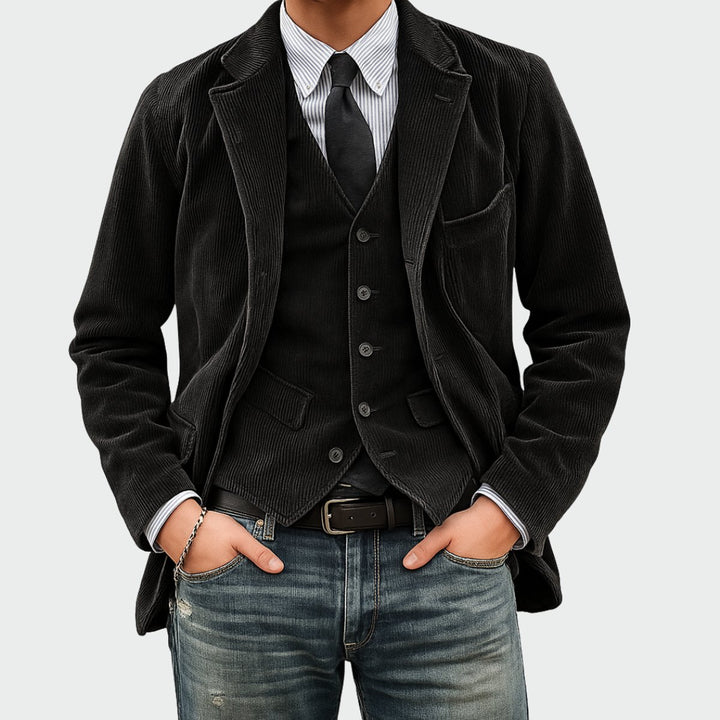 Heren Ribfluwelen Driedelig Colbert Vestset - Zwart