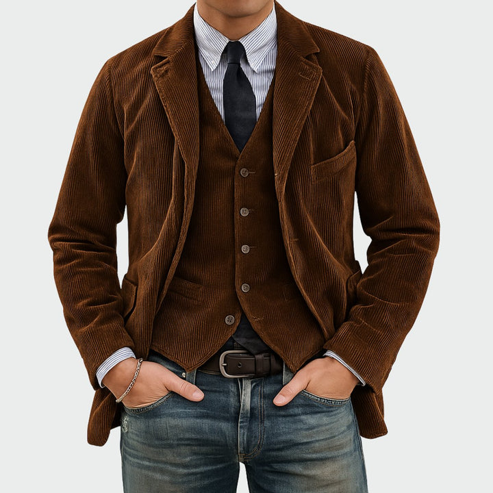 Heren Ribfluwelen Driedelig Colbert Vestset - Bruin