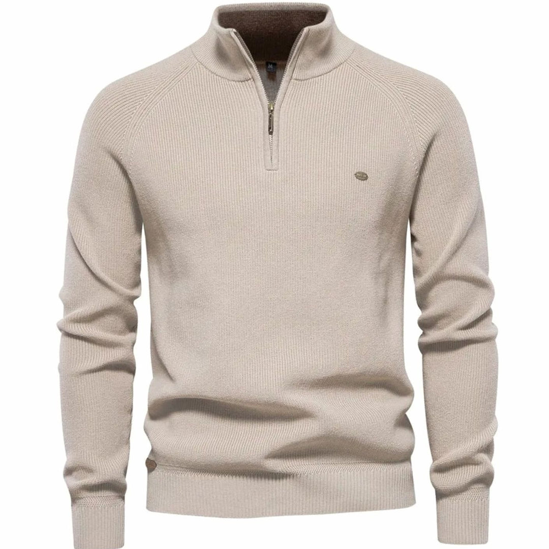 Heren Ribgebreide Half-Zip Trui Opstaande Kraag Regular Fit, Light Grey - Beige