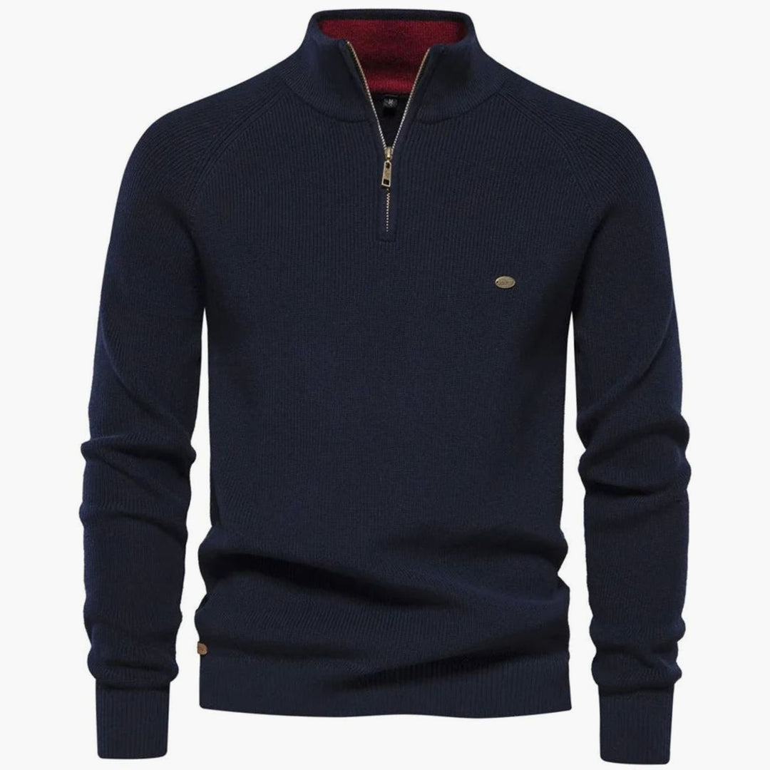 Heren Ribgebreide Half-Zip Trui Opstaande Kraag Regular Fit, Light Grey - Marineblauw