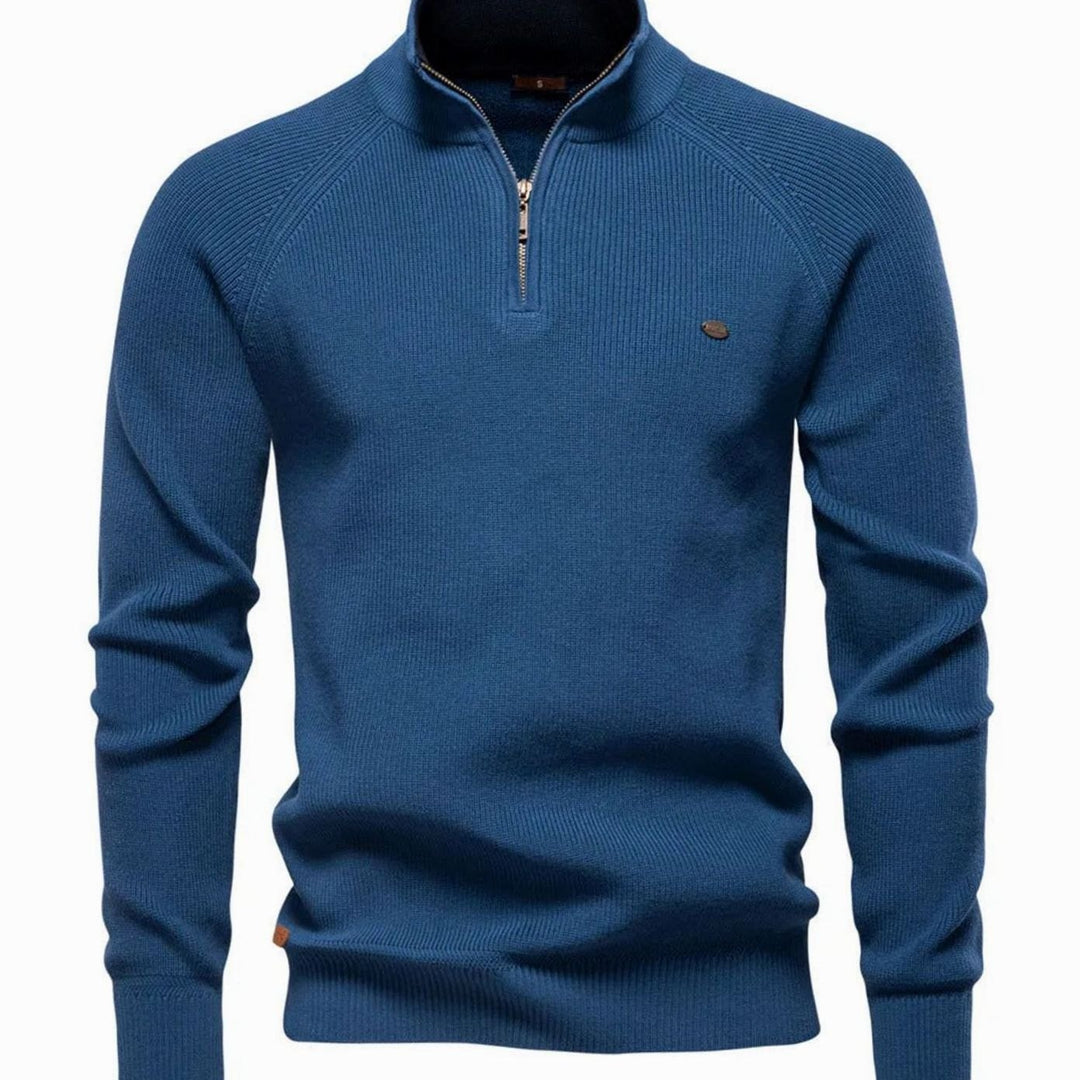 Heren Ribgebreide Half-Zip Trui Opstaande Kraag Regular Fit, Light Grey - Blauw
