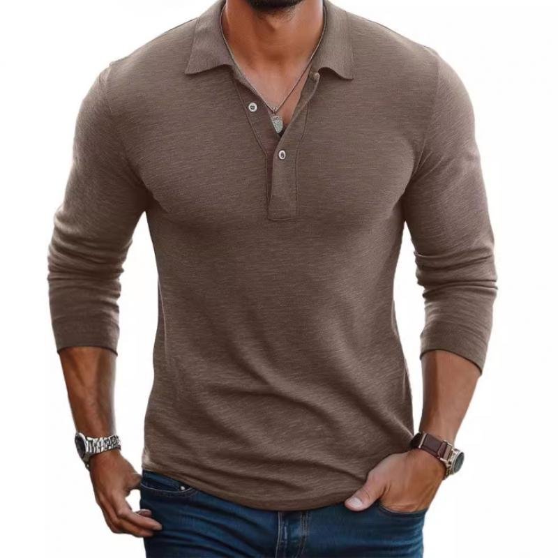 Heren Satin-Afwerking Lange Mouwen Polo Shirt Slim Fit - Camel