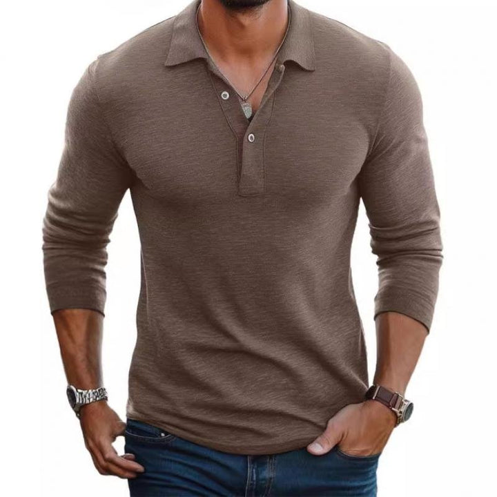 Heren Satin-Afwerking Lange Mouwen Polo Shirt Slim Fit - Camel