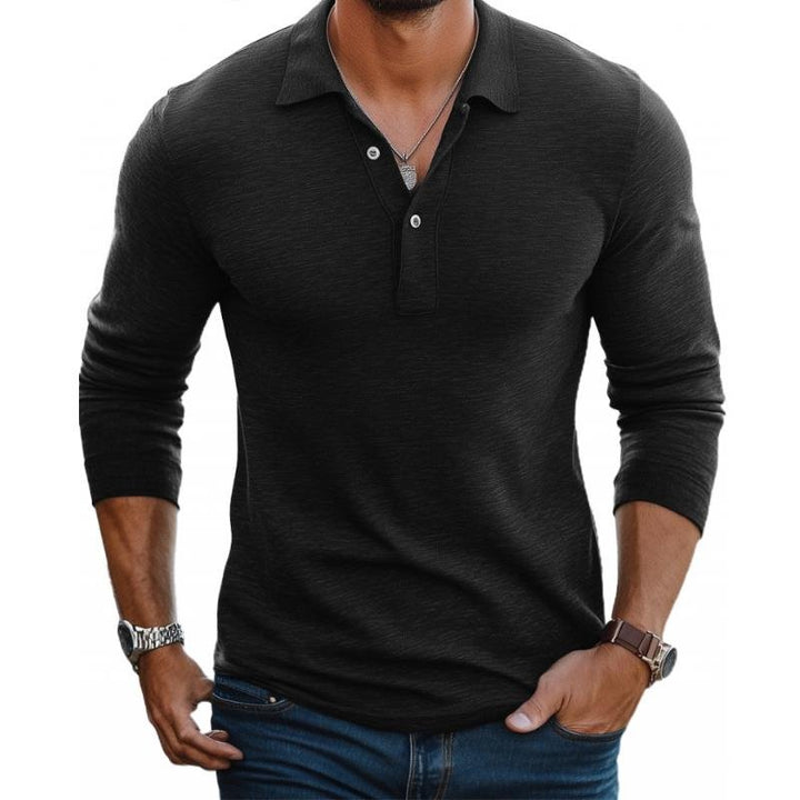Heren Satin-Afwerking Lange Mouwen Polo Shirt Slim Fit - Black
