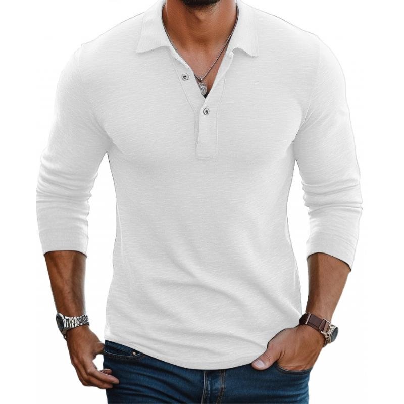 Heren Satin-Afwerking Lange Mouwen Polo Shirt Slim Fit - White