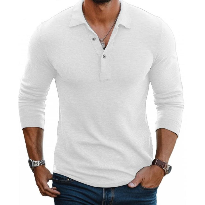 Heren Satin-Afwerking Lange Mouwen Polo Shirt Slim Fit - White
