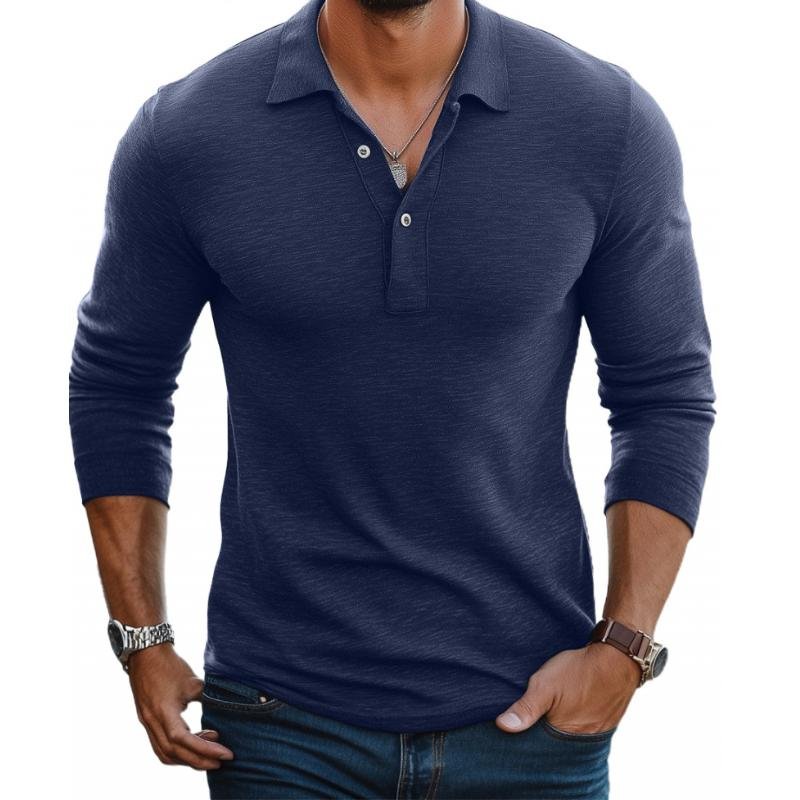 Heren Satin-Afwerking Lange Mouwen Polo Shirt Slim Fit - Navy Blue