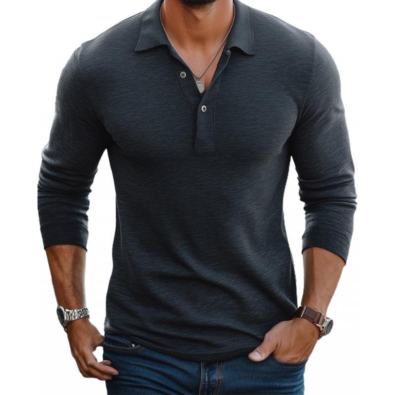 Heren Satin-Afwerking Lange Mouwen Polo Shirt Slim Fit - Charcoal