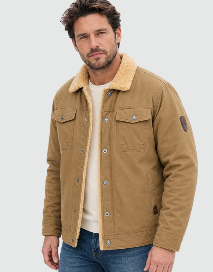 Heren Sherpa Gevoerde Canvas Trucker Jas met Drukknoopsluiting - Khaki