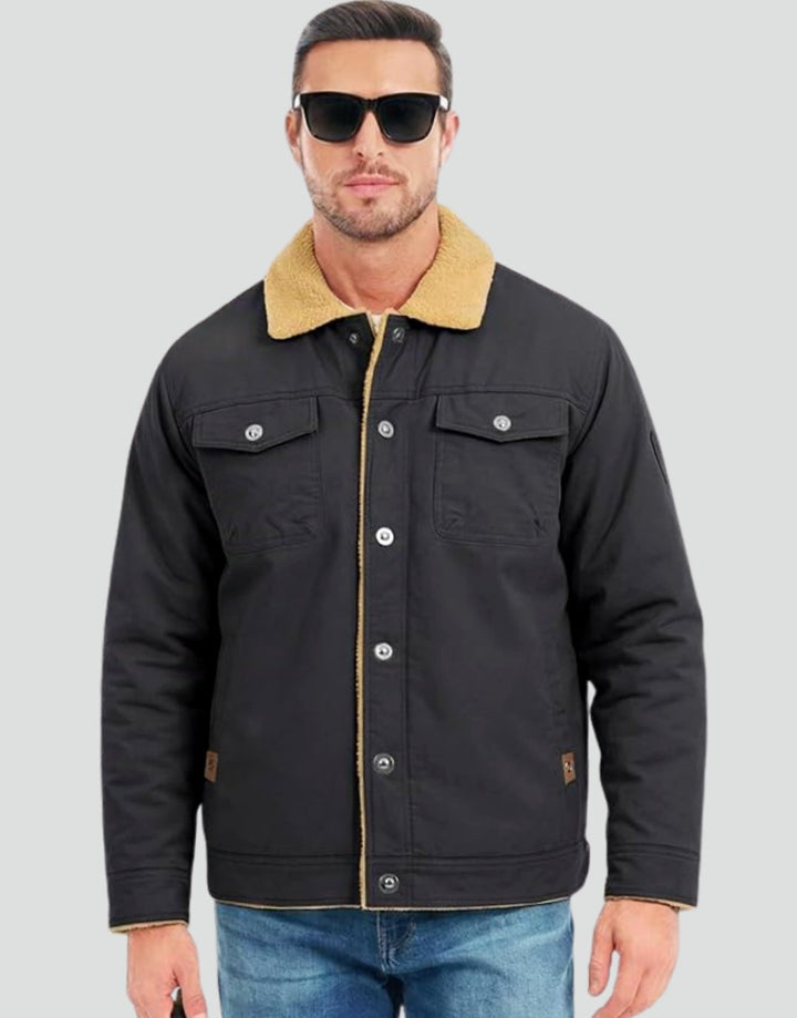 Heren Sherpa Gevoerde Canvas Trucker Jas met Drukknoopsluiting - Grijs
