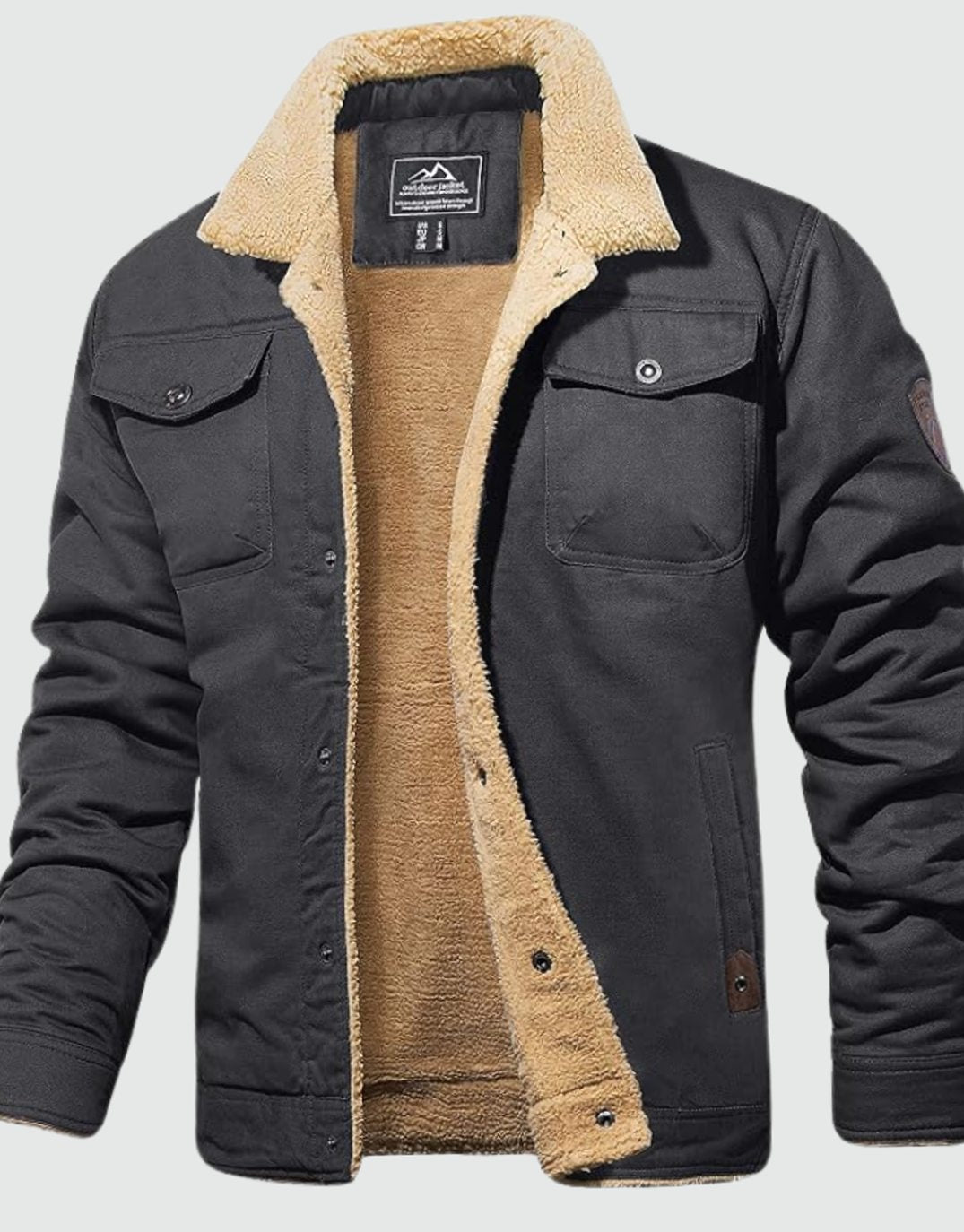 Heren Sherpa Gevoerde Canvas Trucker Jas met Drukknoopsluiting