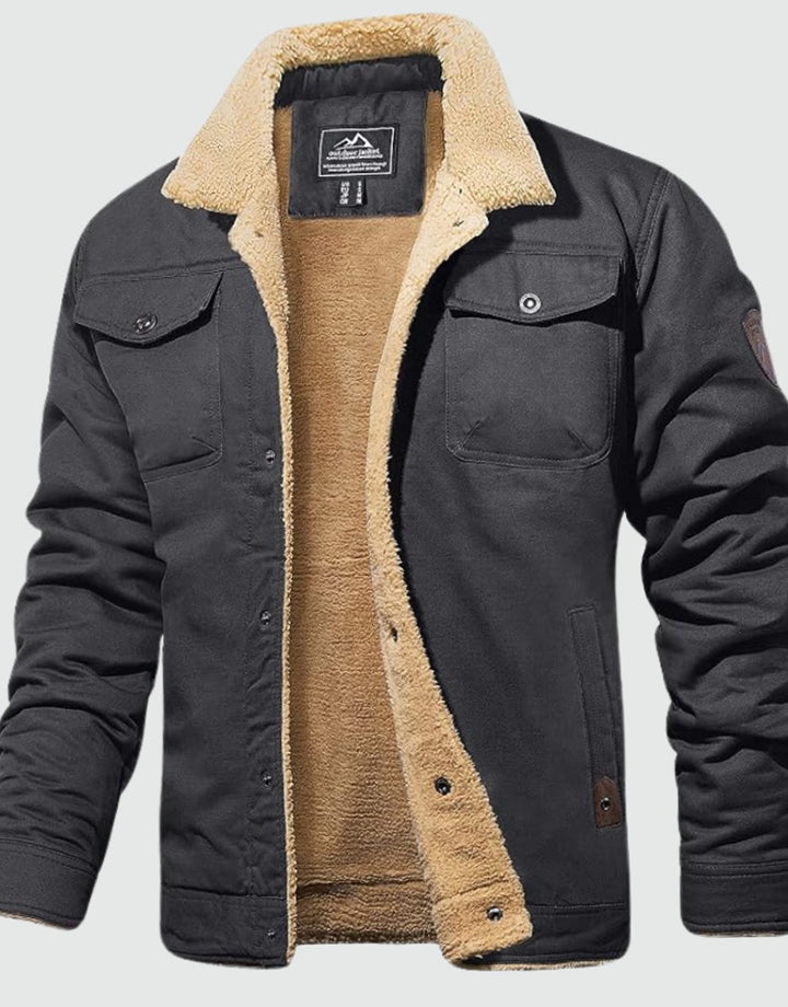 Heren Sherpa Gevoerde Canvas Trucker Jas met Drukknoopsluiting