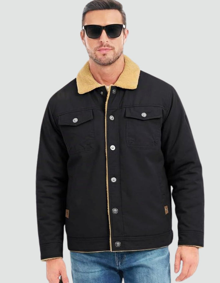 Heren Sherpa Gevoerde Canvas Trucker Jas met Drukknoopsluiting - Zwart