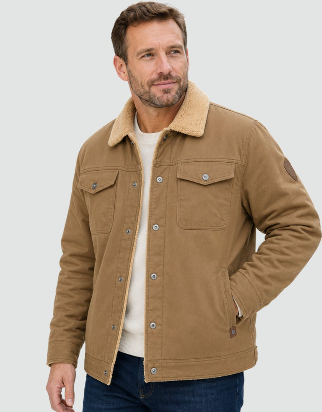 Heren Sherpa Gevoerde Canvas Trucker Jas met Drukknoopsluiting