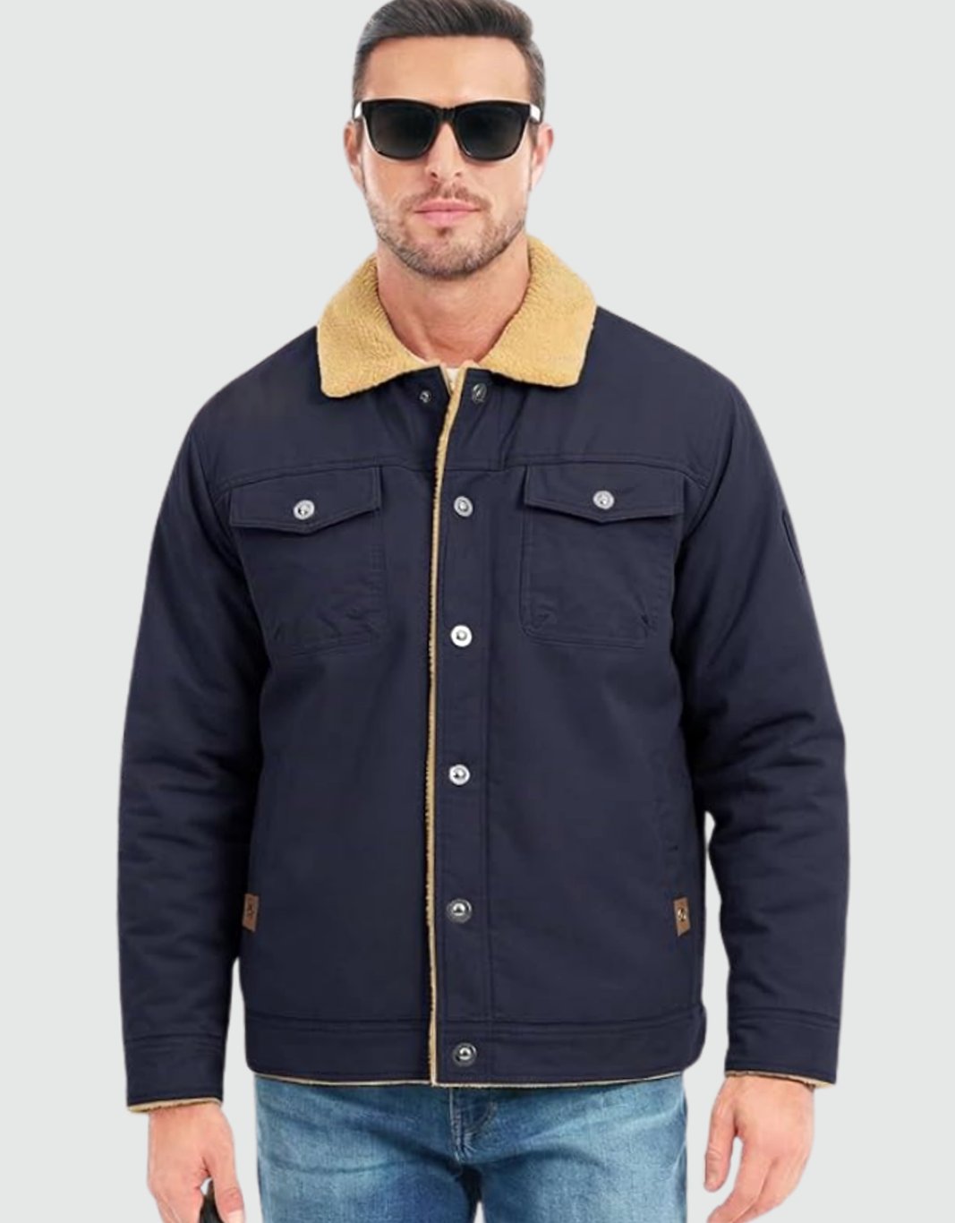 Heren Sherpa Gevoerde Canvas Trucker Jas met Drukknoopsluiting - Blauw