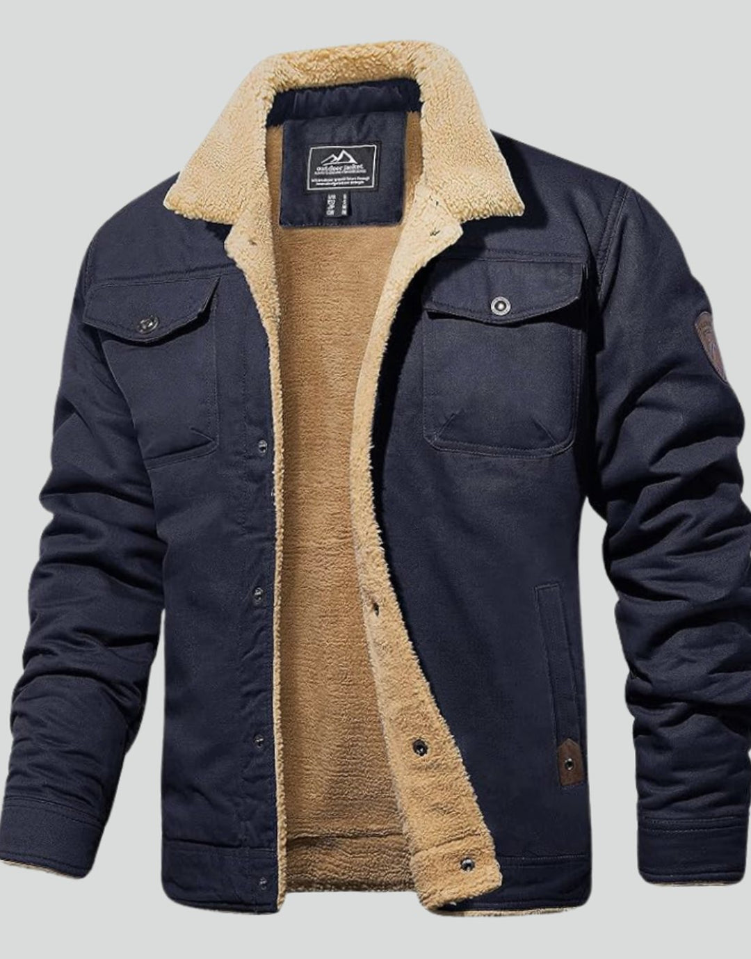 Heren Sherpa Gevoerde Canvas Trucker Jas met Drukknoopsluiting