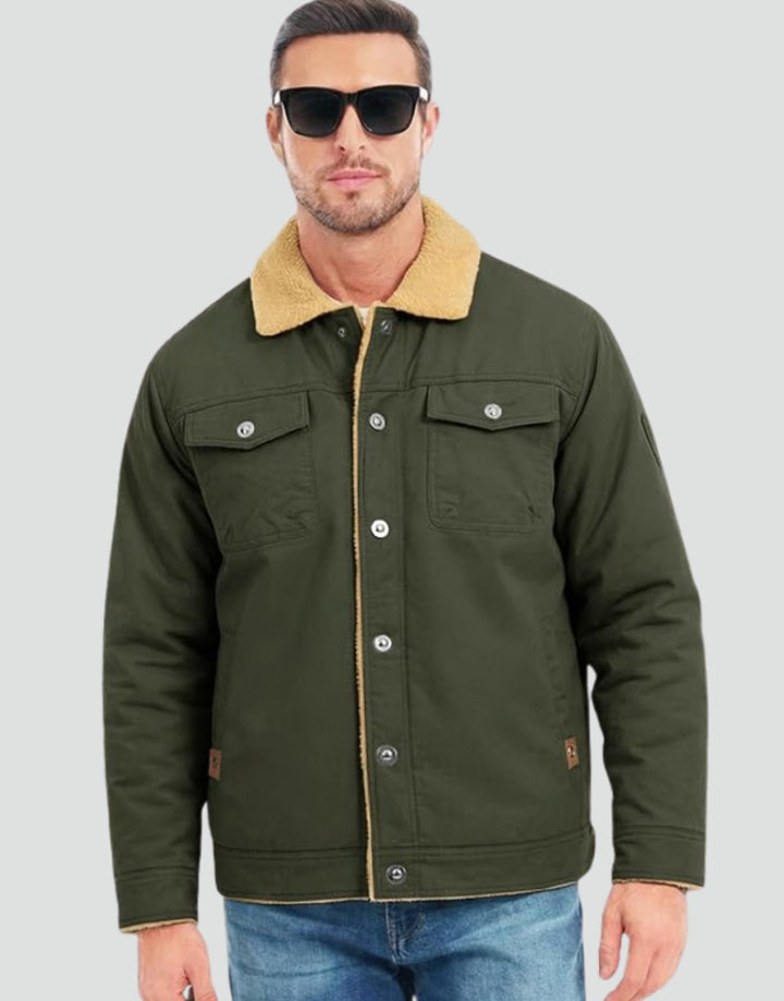 Heren Sherpa Gevoerde Canvas Trucker Jas met Drukknoopsluiting - Groen