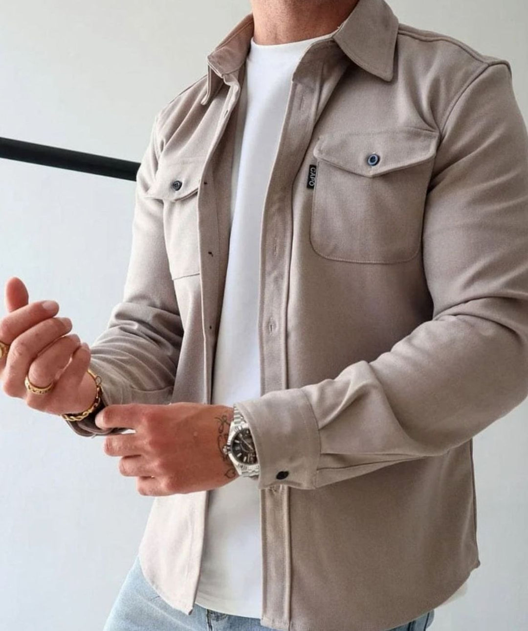 Heren Shirtjac met Borstzakken Single-Breasted Overshirt - Beige