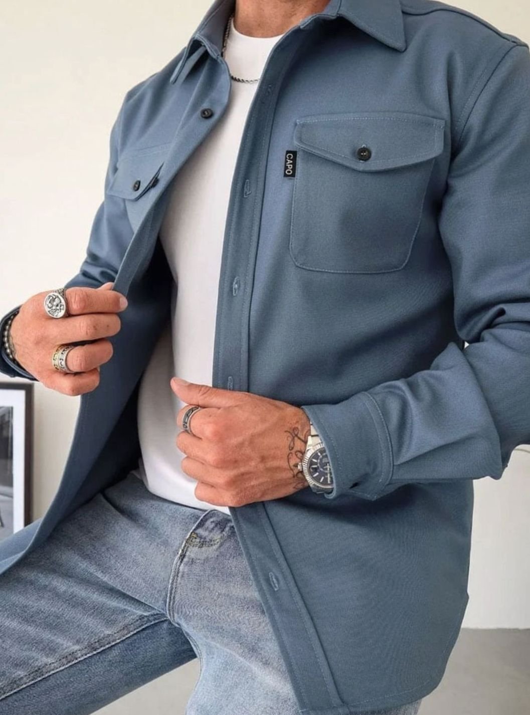 Heren Shirtjac met Borstzakken Single-Breasted Overshirt