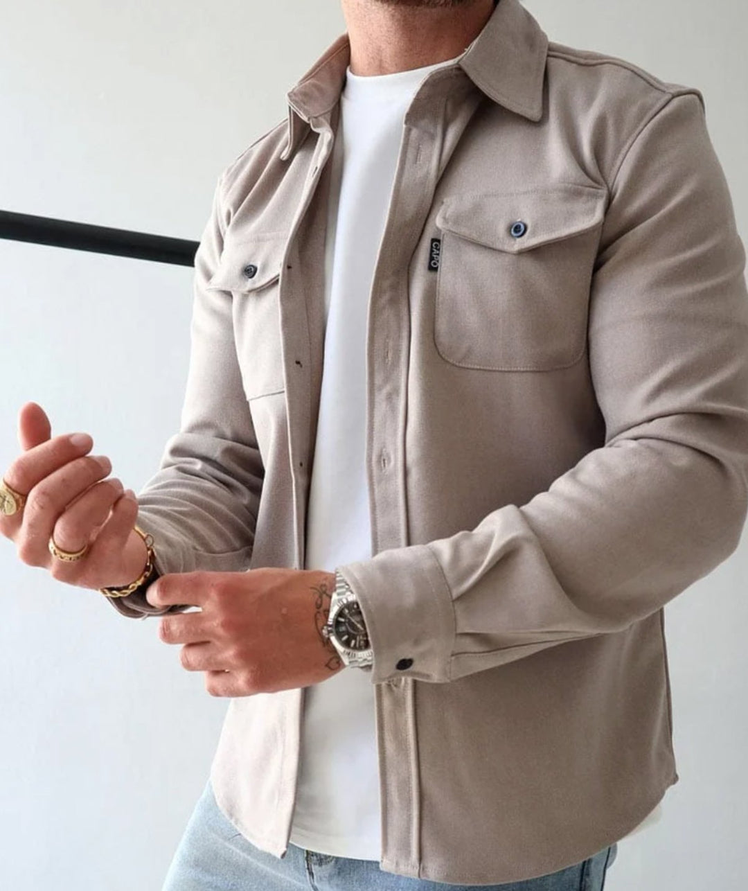 Heren Shirtjac met Knoopsluiting en Borstzakken - Beige