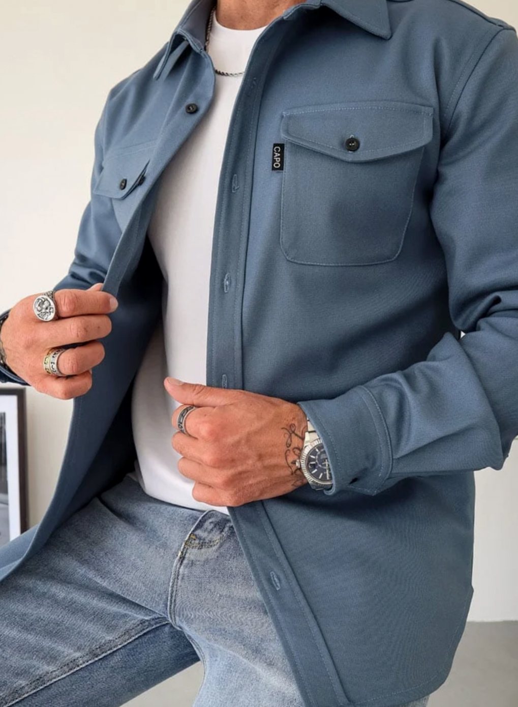 Heren Shirtjac met Knoopsluiting en Borstzakken - Blauw