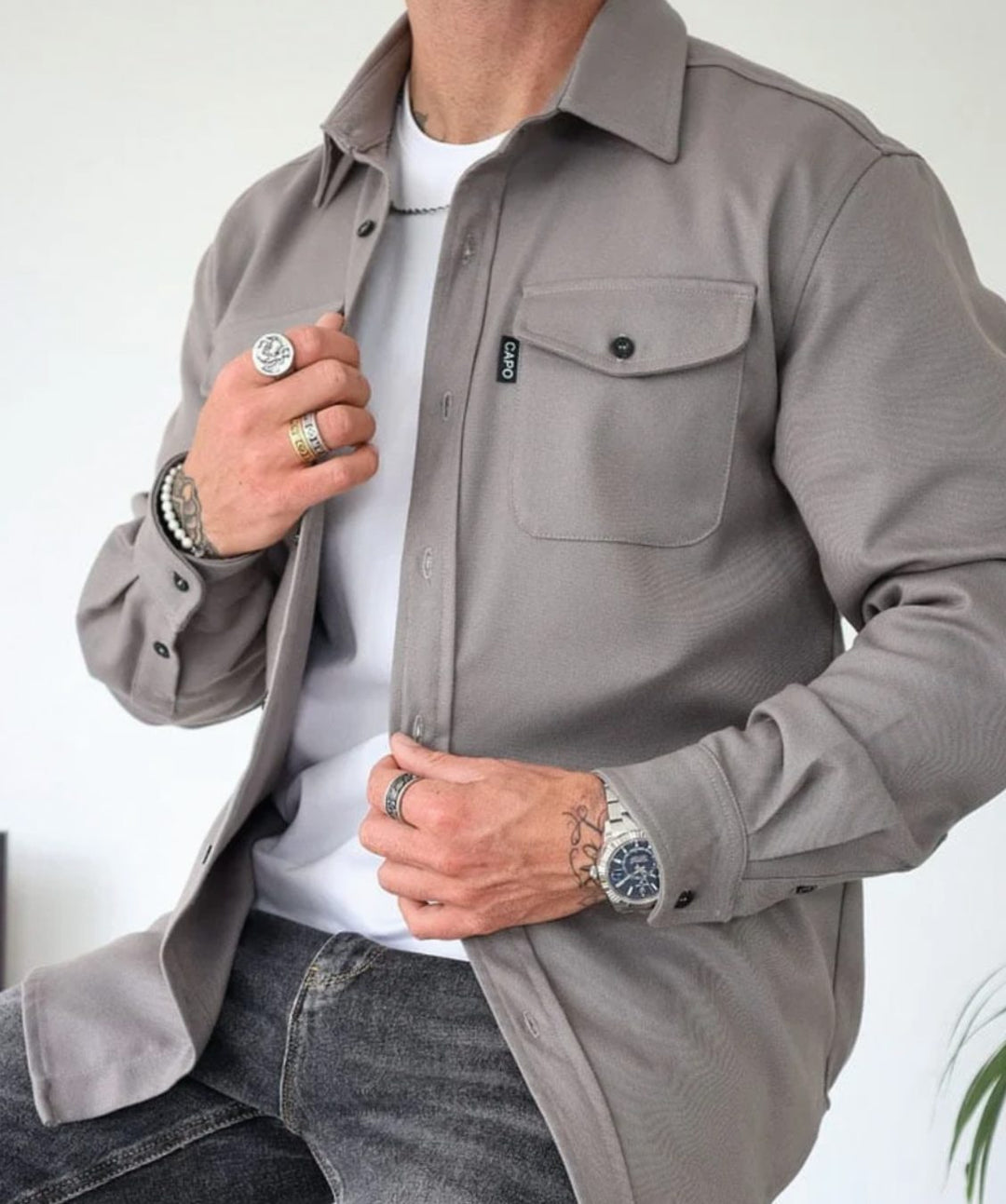 Heren Shirtjac met Knoopsluiting en Borstzakken - Grijs