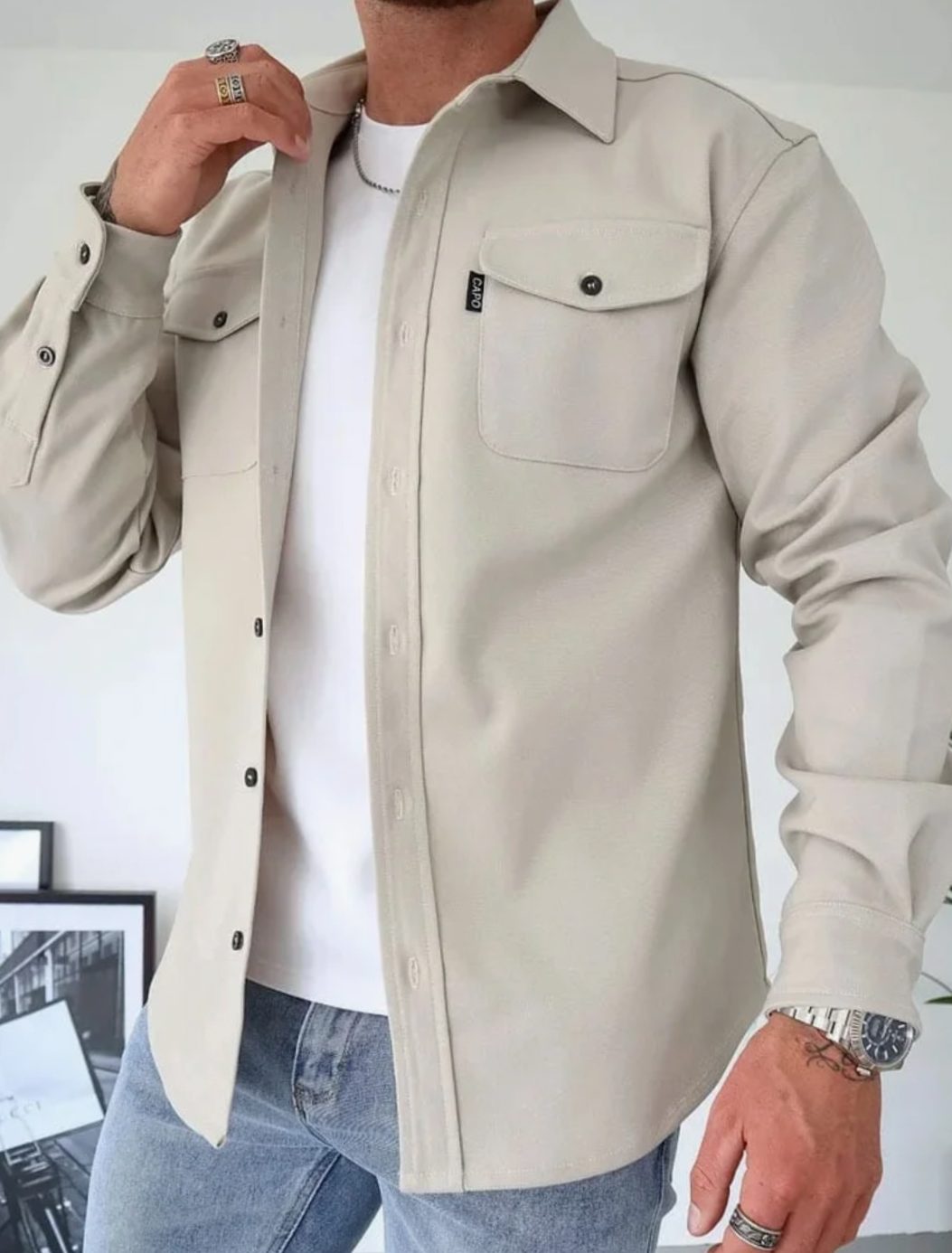 Heren Shirtjac met Knoopsluiting en Borstzakken - Licht beige
