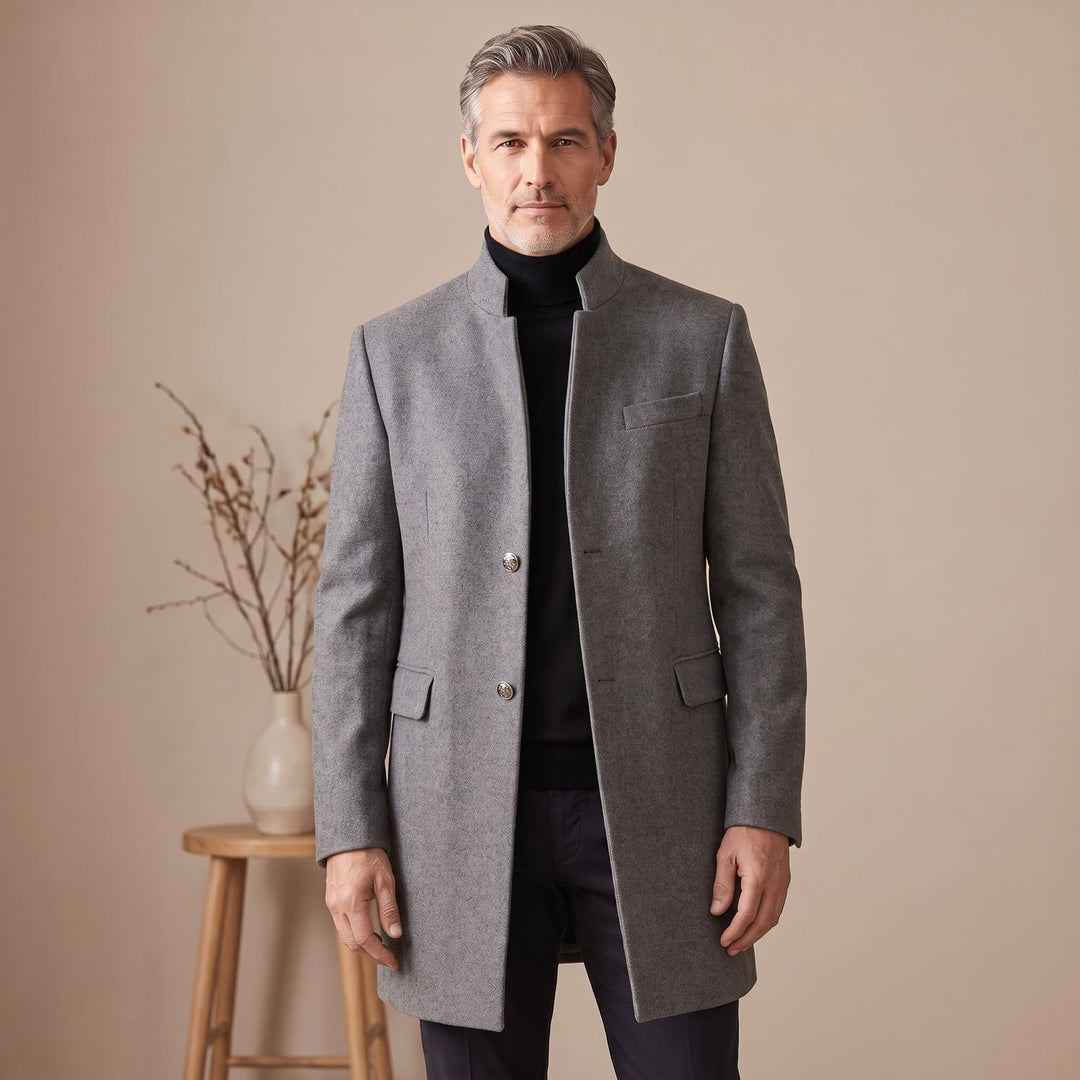 Heren Slanke Longline Winterjas Staande Kraag Knoopsluiting