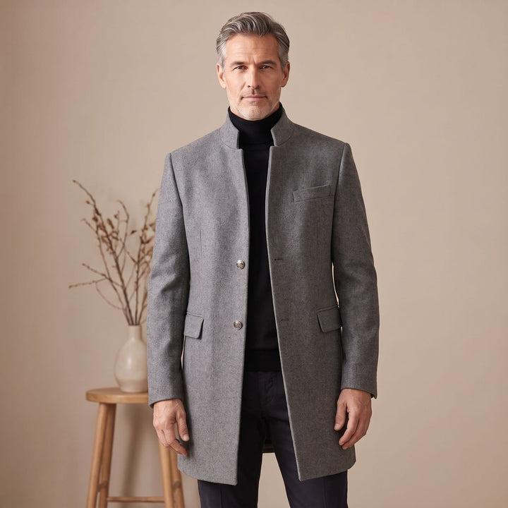 Heren Slanke Longline Winterjas Staande Kraag Knoopsluiting