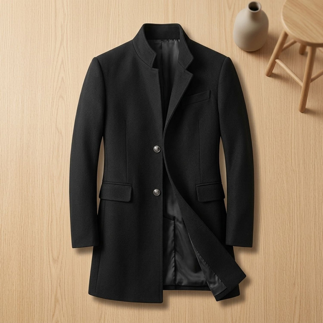 Heren Slanke Longline Winterjas Staande Kraag Knoopsluiting - Zwart