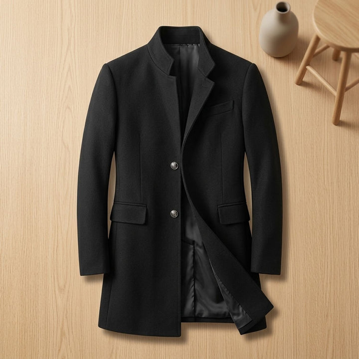 Heren Slanke Longline Winterjas Staande Kraag Knoopsluiting - Zwart
