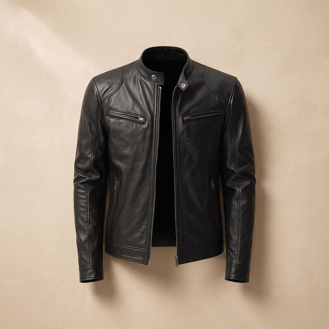 Heren Slim-Fit Biker Jack Staande Kraag Ritssluitingen - Zwart