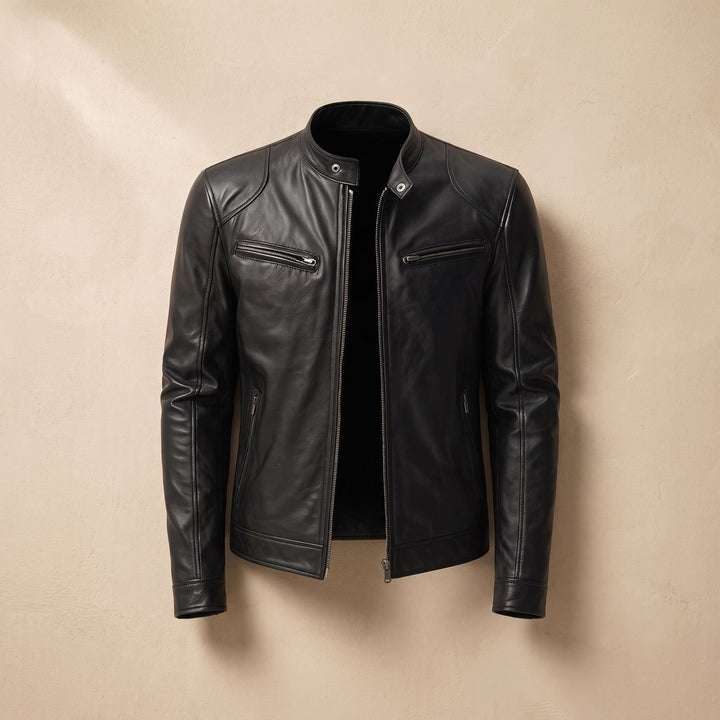 Heren Slim-Fit Biker Jack Staande Kraag Ritssluitingen - Zwart