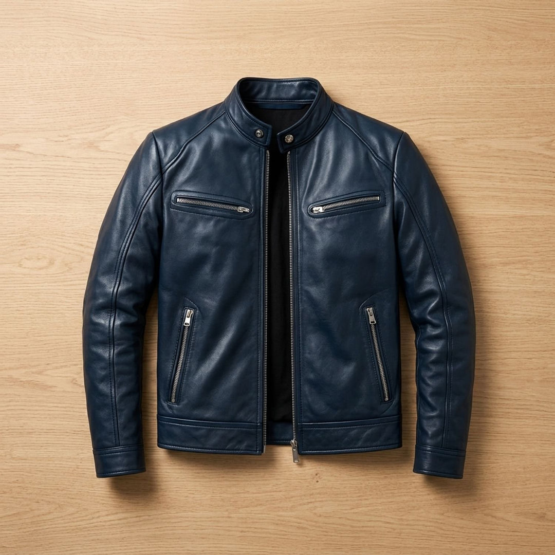 Heren Slim-Fit Biker Jack Staande Kraag Ritssluitingen - Marineblauw