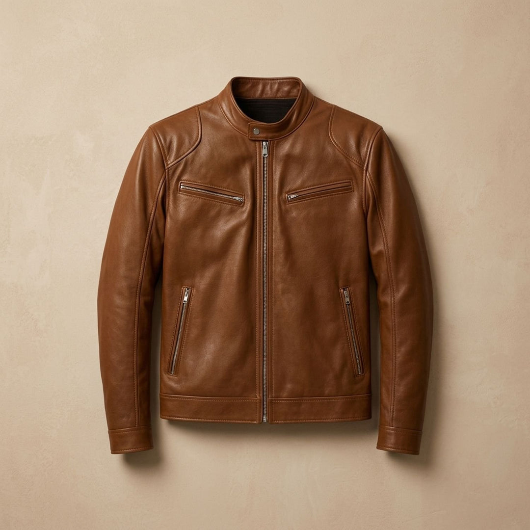 Heren Slim-Fit Biker Jack Staande Kraag Ritssluitingen - Bruin