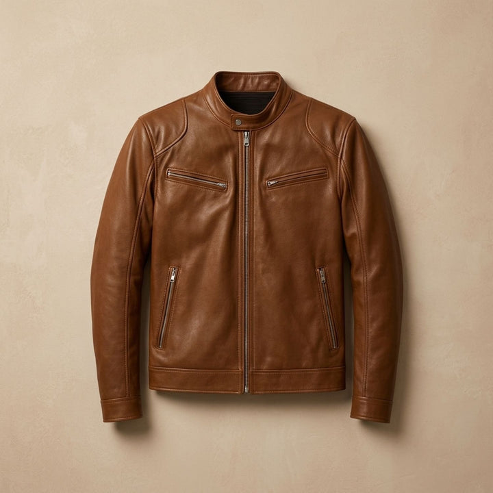 Heren Slim-Fit Biker Jack Staande Kraag Ritssluitingen - Bruin