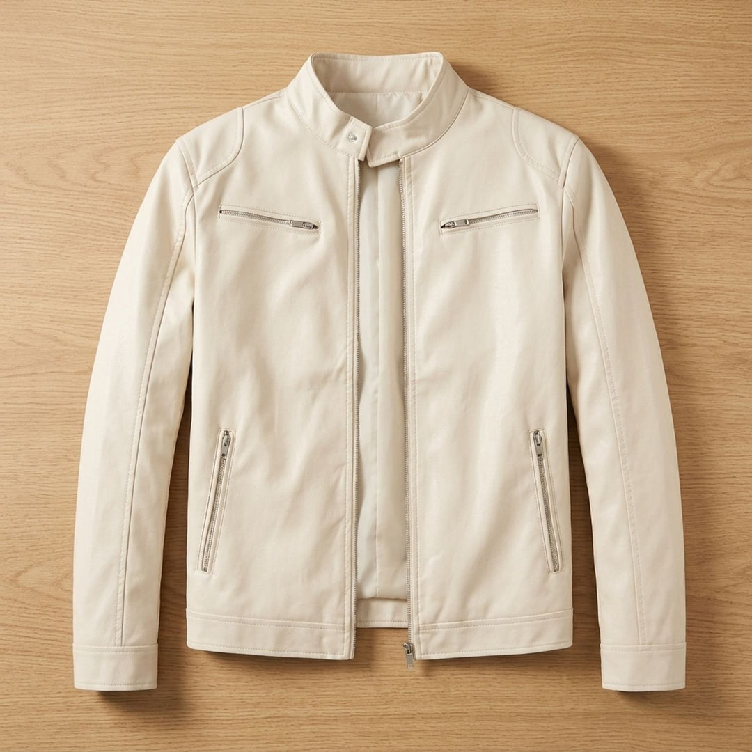 Heren Slim-Fit Biker Jack Staande Kraag Ritssluitingen - Beige